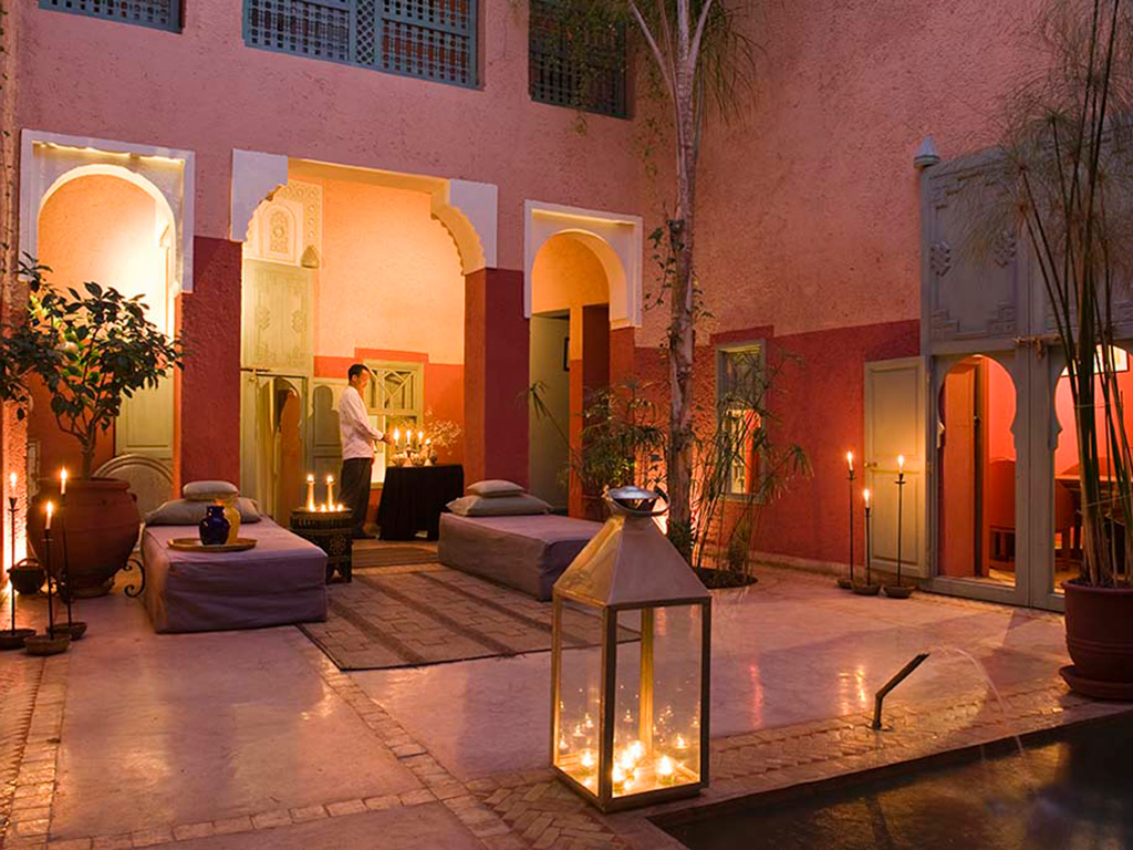 Luxury Riad DarTzt, Marrakech. Courtyard with splash pool.